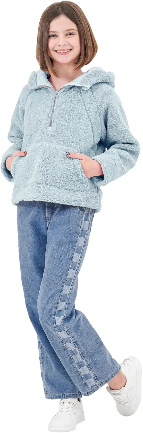 Rolanko Girls Sherpa Pullover Hoodie Half Zipper Fuzzy Hoodie Sweatshirt with Pockets Kids Fleece Tops 4-14 Years