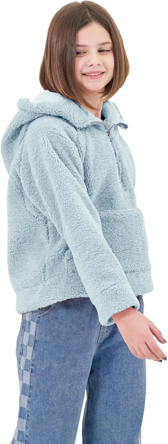 Rolanko Girls Sherpa Pullover Hoodie Half Zipper Fuzzy Hoodie Sweatshirt with Pockets Kids Fleece Tops 4-14 Years
