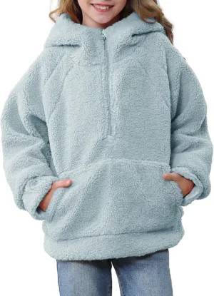 Rolanko Girls Sherpa Pullover Hoodie Half Zipper Fuzzy Hoodie Sweatshirt with Pockets Kids Fleece Tops 4-14 Years