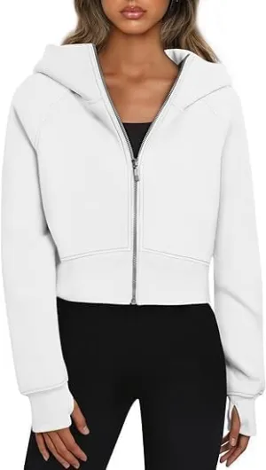 RONGTAI Women's Cropped Zip-Up Hoodie Fleece Lined Y2K Sweatshirt, Casual Short Winter Jacket, Comfy Fall Long Sleeve Top
