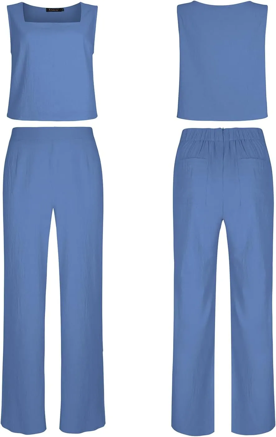 ROYLAMP Women's Summer 2 Piece Outfits Sleeveless Square Neck Tops Wide Leg Pants set Jumpsuit with Pockets