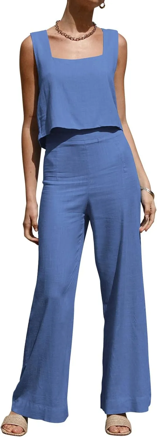 ROYLAMP Women's Summer 2 Piece Outfits Sleeveless Square Neck Tops Wide Leg Pants set Jumpsuit with Pockets