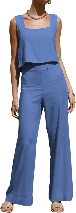 ROYLAMP Women's Summer 2 Piece Outfits Sleeveless Square Neck Tops Wide Leg Pants set Jumpsuit with Pockets