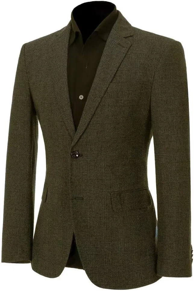 ROZU Tweed Plaid Men's Sport Coats & Blazers Wool Blend Jackets for Men Slim Fit Two Button Suit Blazer Casual Business
