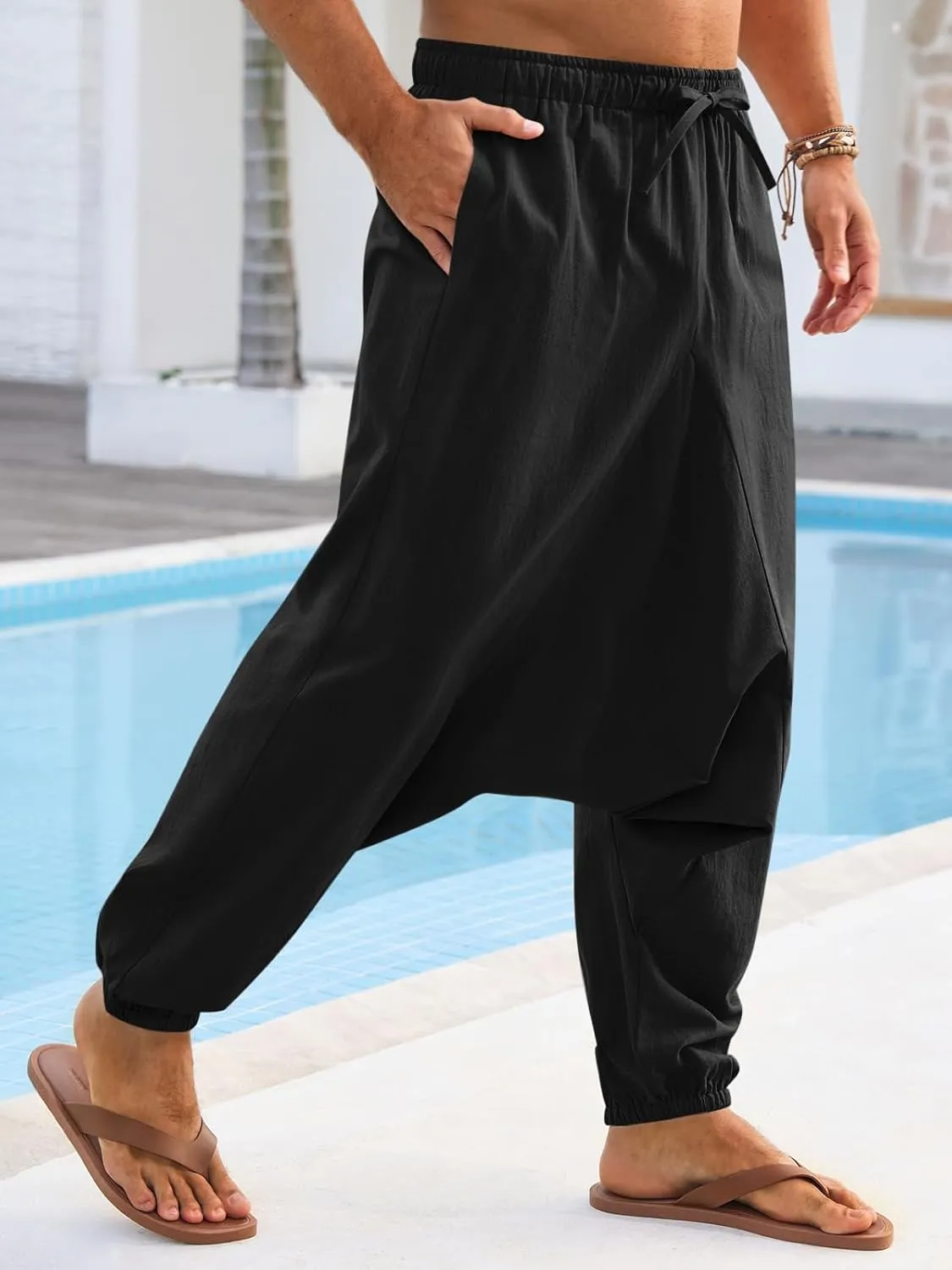 Runcati Mens Casual Harem Pants Baggy Hippie Yoga Cotton Linen Pants Drop Crotch Drawstring Beach Summer Trousers