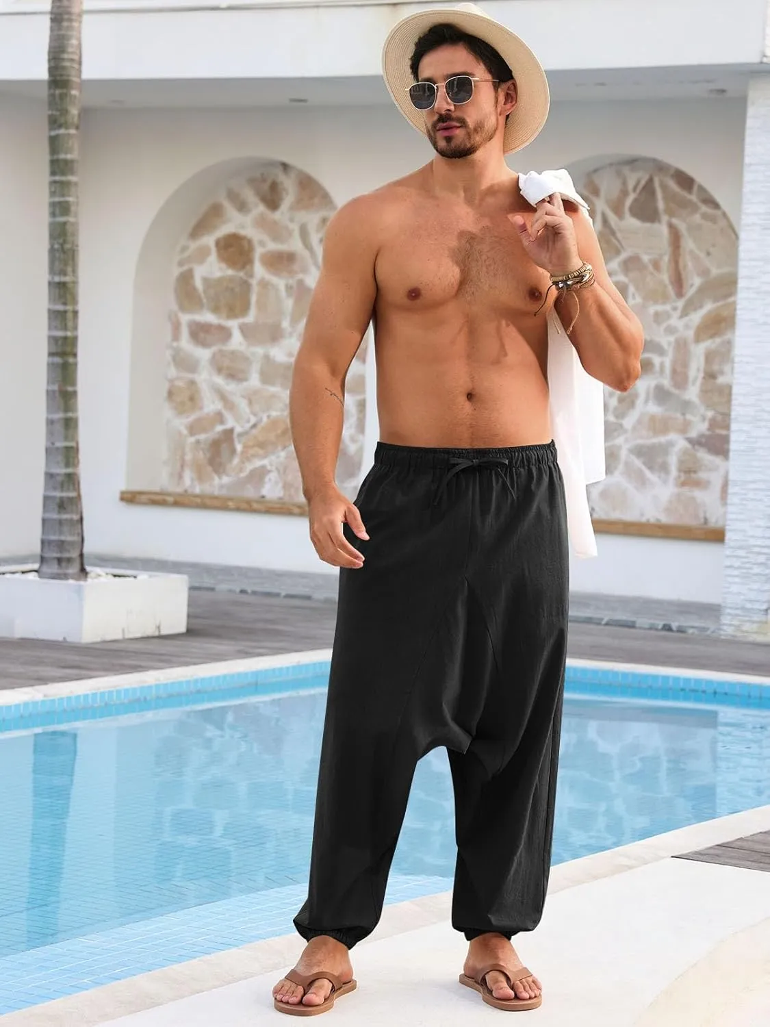 Runcati Mens Casual Harem Pants Baggy Hippie Yoga Cotton Linen Pants Drop Crotch Drawstring Beach Summer Trousers