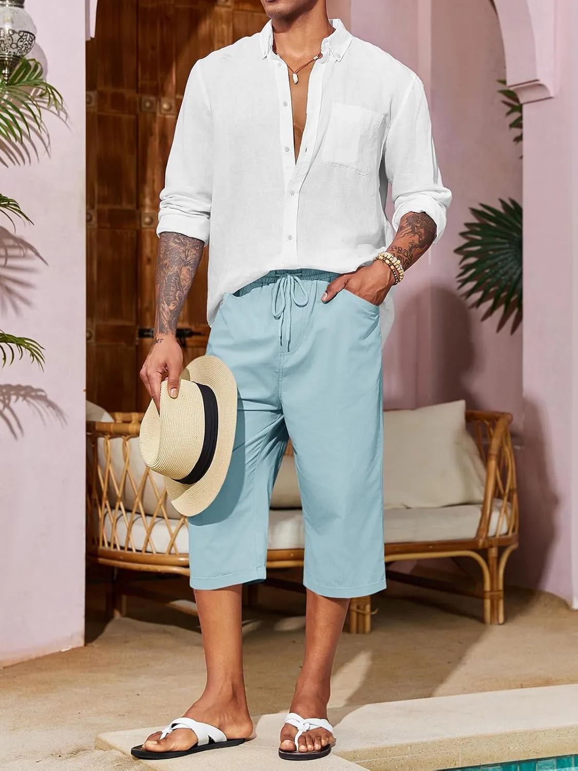 Runcati Mens Harem Capri Pants Casual Elastic Waist Cotton 3/4 Shorts Summer Beach Yoga Tapered Trousers
