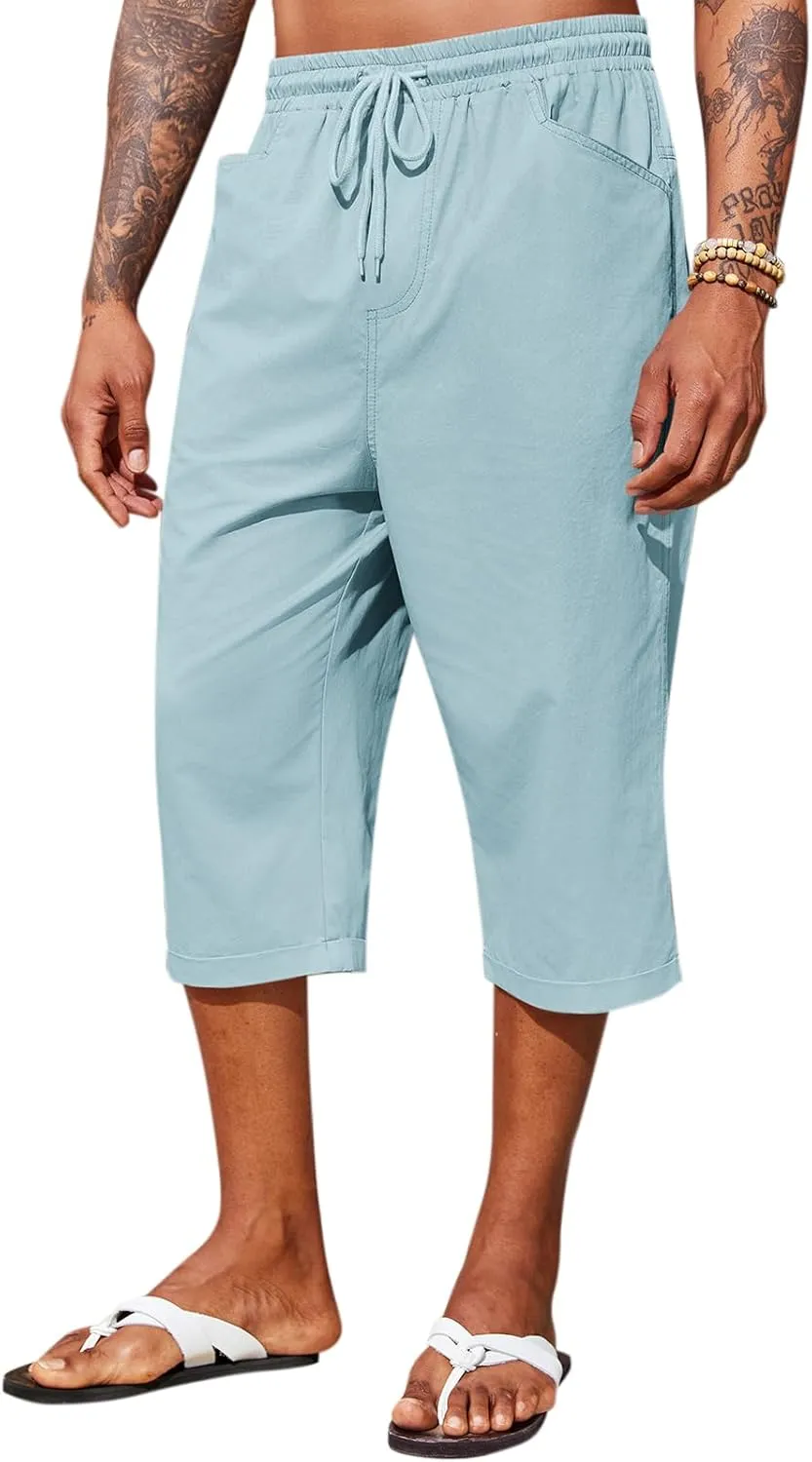 Runcati Mens Harem Capri Pants Casual Elastic Waist Cotton 3/4 Shorts Summer Beach Yoga Tapered Trousers