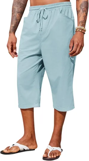 Runcati Mens Harem Capri Pants Casual Elastic Waist Cotton 3/4 Shorts Summer Beach Yoga Tapered Trousers