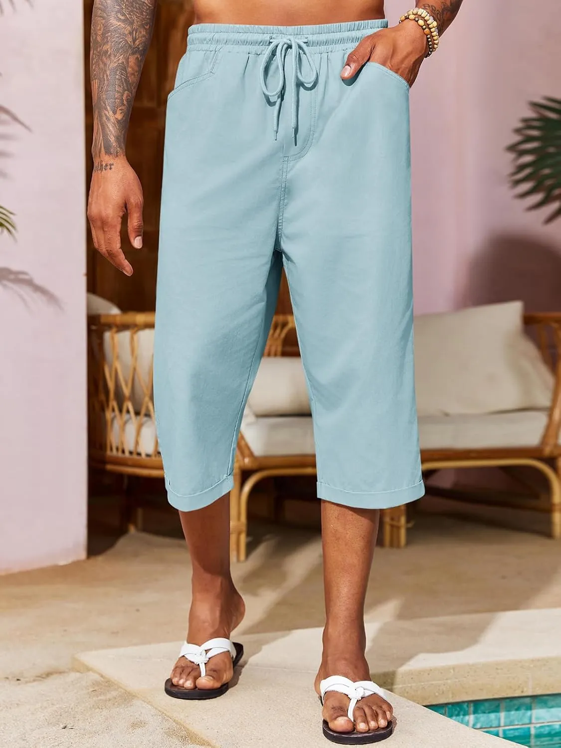 Runcati Mens Harem Capri Pants Casual Elastic Waist Cotton 3/4 Shorts Summer Beach Yoga Tapered Trousers