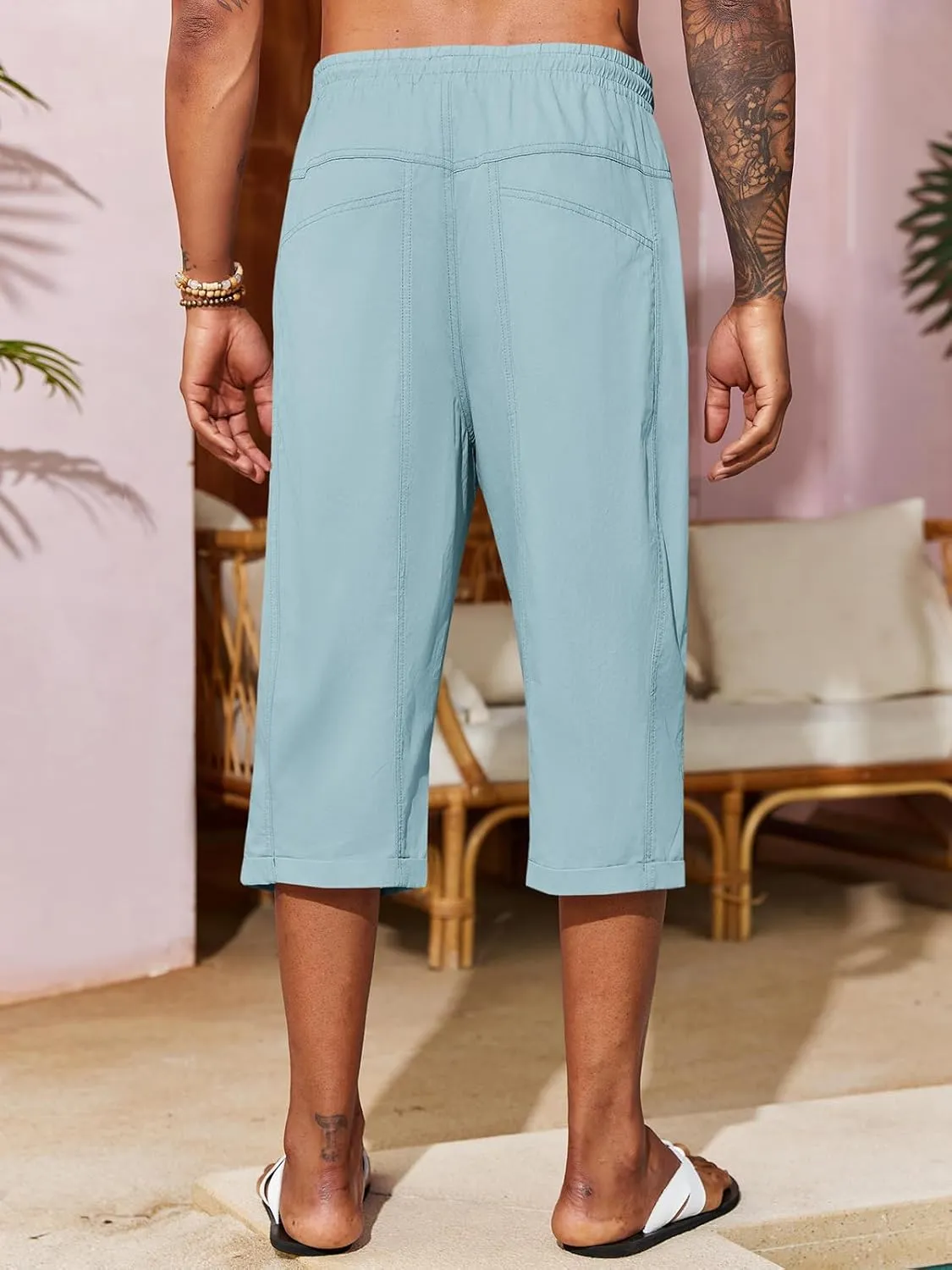Runcati Mens Harem Capri Pants Casual Elastic Waist Cotton 3/4 Shorts Summer Beach Yoga Tapered Trousers