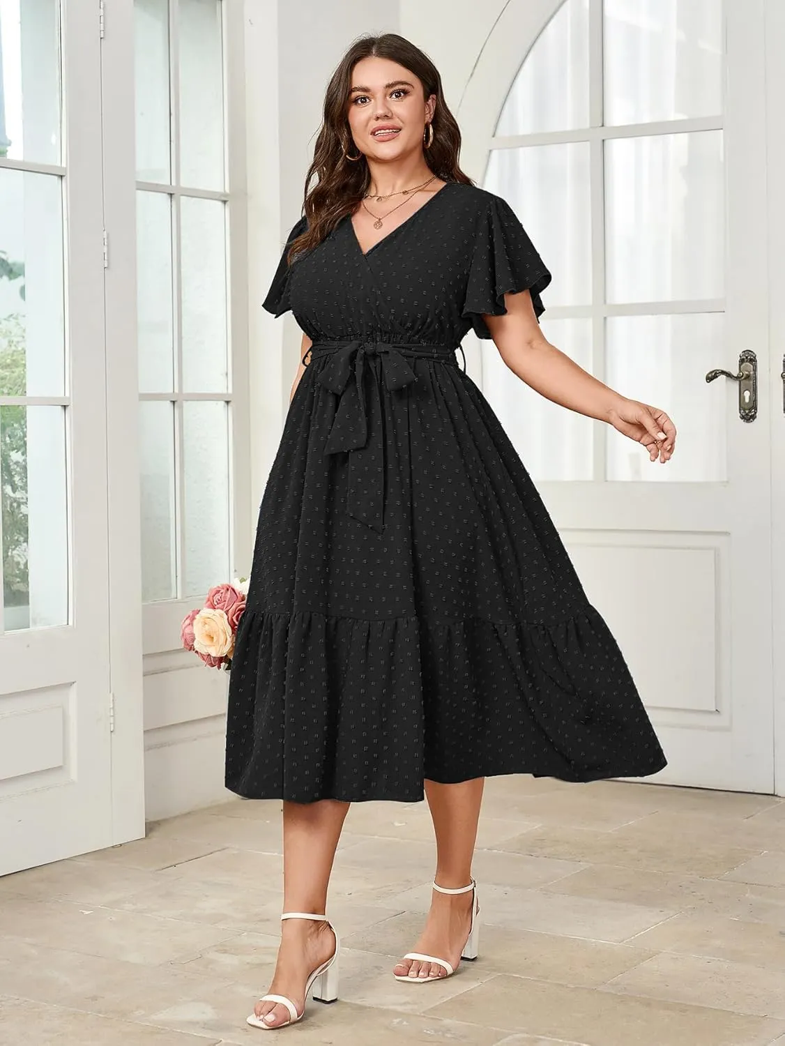 SCOMCHIC Womens Plus Size Wedding Guest Dresses Summer Wrap V Neck Short Sleeve Belted Ruffle Hem A-Line Flowy Maxi Dress