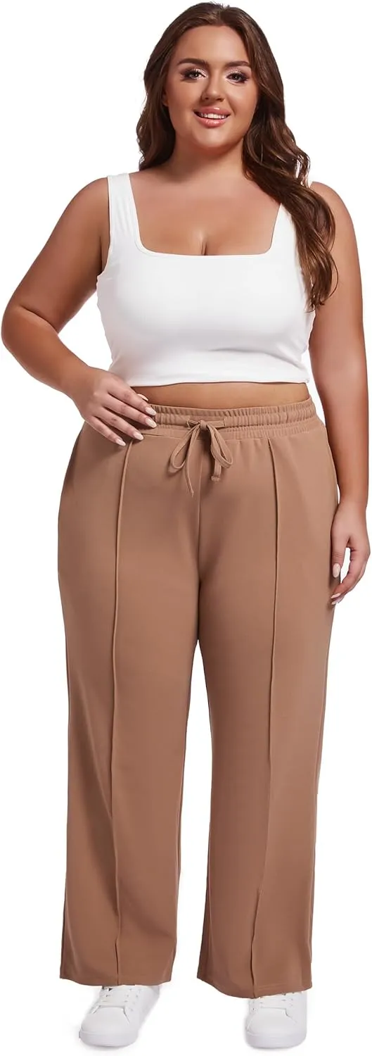 SEKINO Women's Plus Size Wide Straight Leg Pants High Waisted Business Casual Work Pants Trousers with Pockets Drawstring