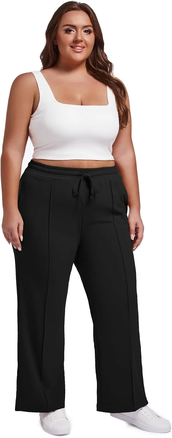 SEKINO Women's Plus Size Wide Straight Leg Pants High Waisted Business Casual Work Pants Trousers with Pockets Drawstring