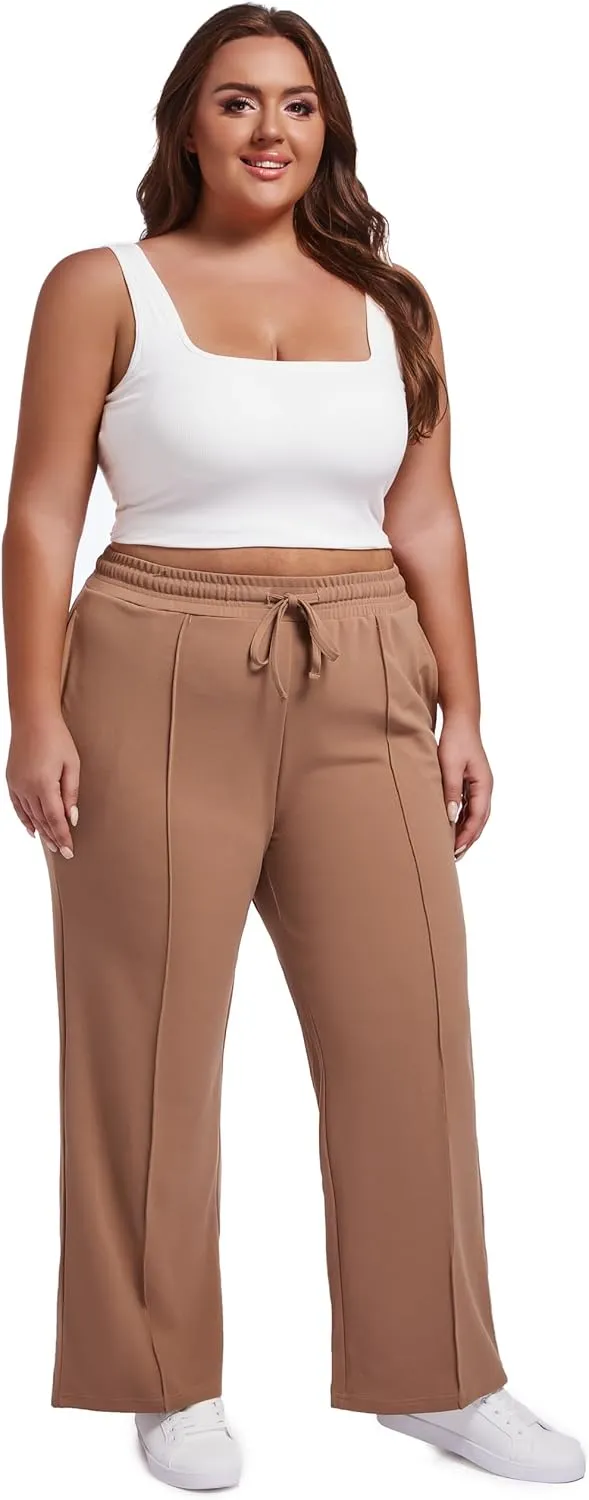 SEKINO Women's Plus Size Wide Straight Leg Pants High Waisted Business Casual Work Pants Trousers with Pockets Drawstring