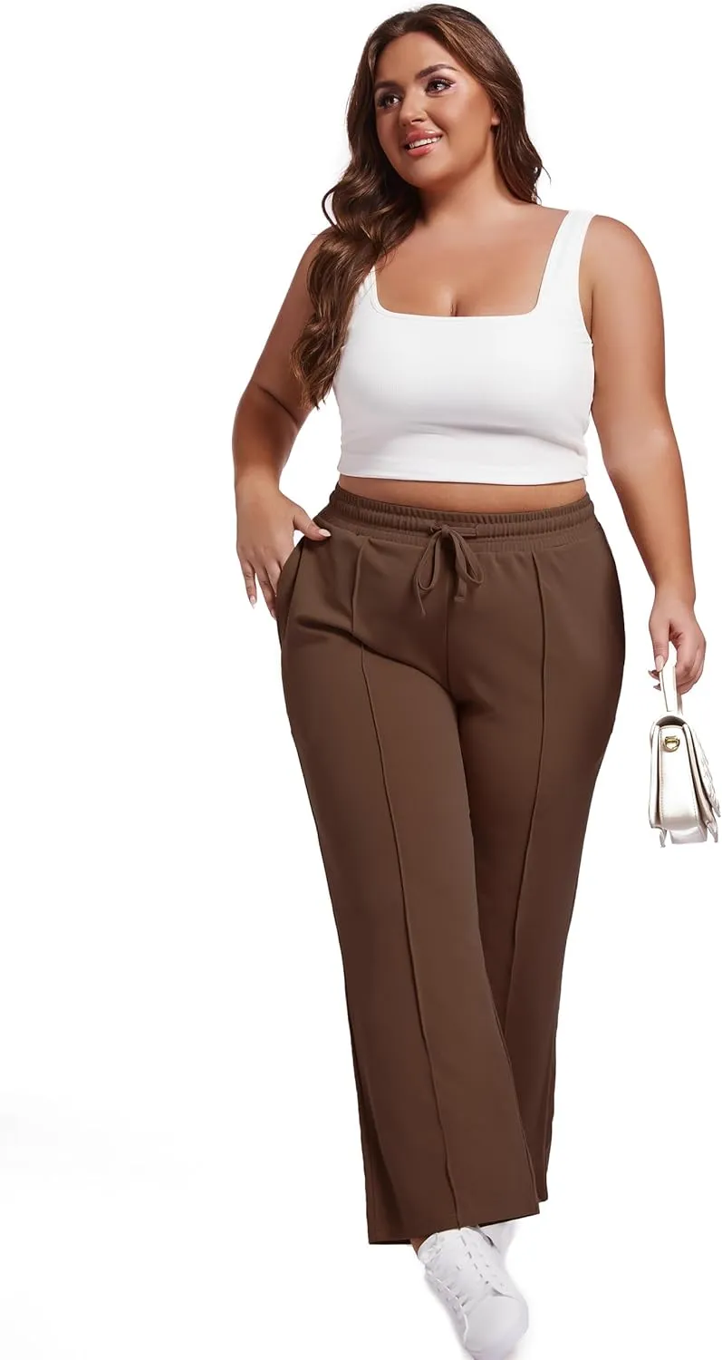 SEKINO Women's Plus Size Wide Straight Leg Pants High Waisted Business Casual Work Pants Trousers with Pockets Drawstring