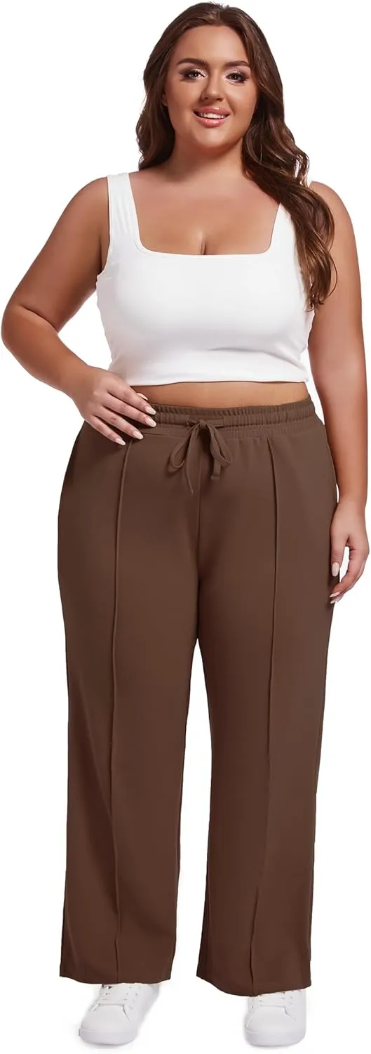 SEKINO Women's Plus Size Wide Straight Leg Pants High Waisted Business Casual Work Pants Trousers with Pockets Drawstring