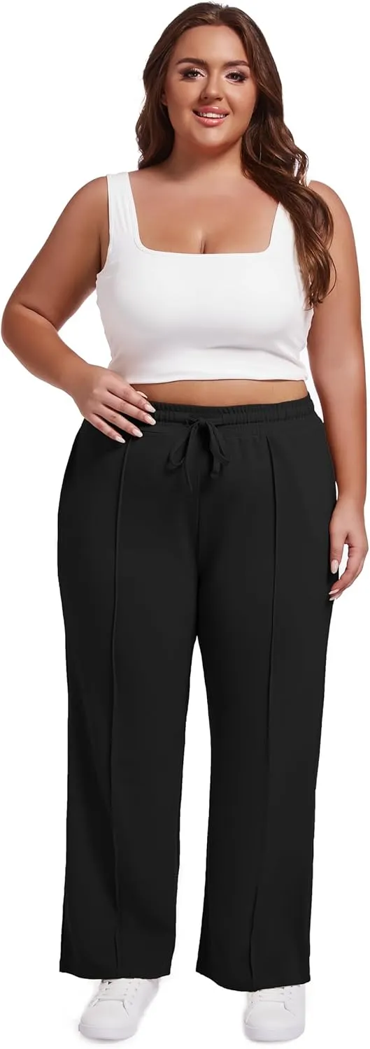 SEKINO Women's Plus Size Wide Straight Leg Pants High Waisted Business Casual Work Pants Trousers with Pockets Drawstring