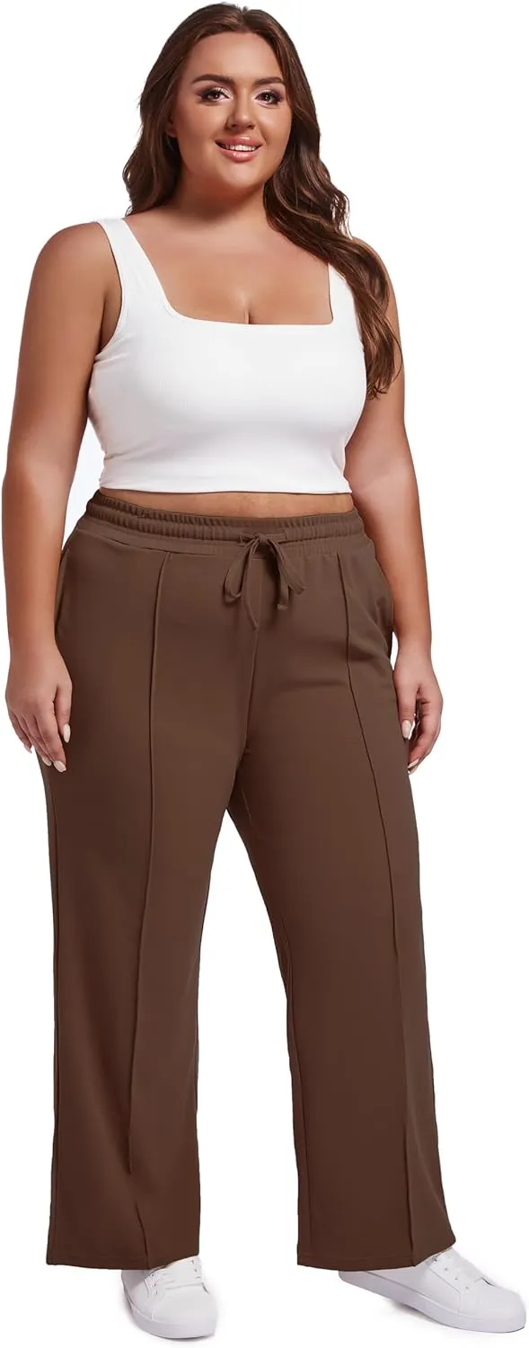 SEKINO Women's Plus Size Wide Straight Leg Pants High Waisted Business Casual Work Pants Trousers with Pockets Drawstring