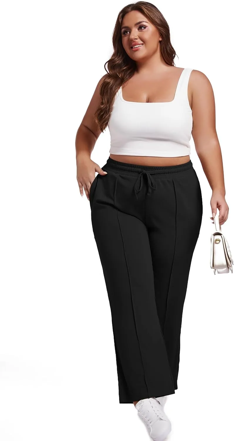 SEKINO Women's Plus Size Wide Straight Leg Pants High Waisted Business Casual Work Pants Trousers with Pockets Drawstring