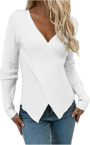 Sexy Cross v Neck Sweaters for Women Business Casual Long Sleeve Ribbed Knit Wrap Slim Fit Pullover Tops