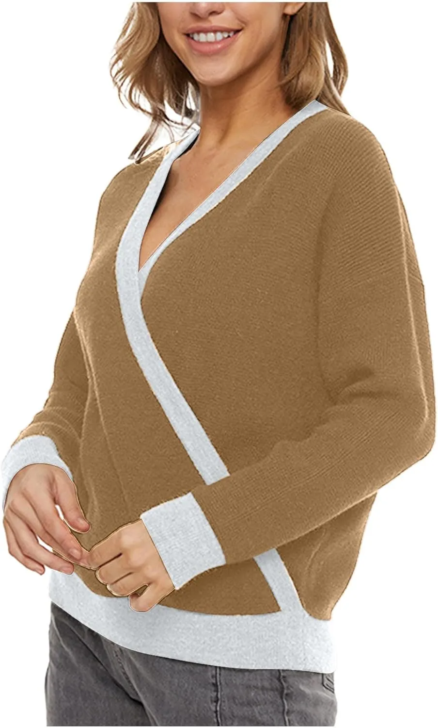 Sexy Cross Wrap v Neck Sweaters for Women Trendy Oversized Long Sleeve Knit Pullover Tops Ladies Casual Sweater
