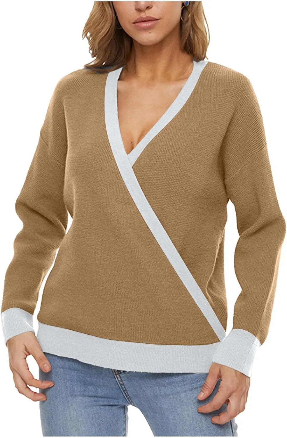 Sexy Cross Wrap v Neck Sweaters for Women Trendy Oversized Long Sleeve Knit Pullover Tops Ladies Casual Sweater