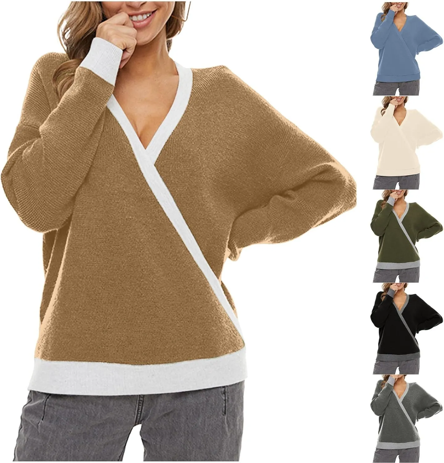 Sexy Cross Wrap v Neck Sweaters for Women Trendy Oversized Long Sleeve Knit Pullover Tops Ladies Casual Sweater