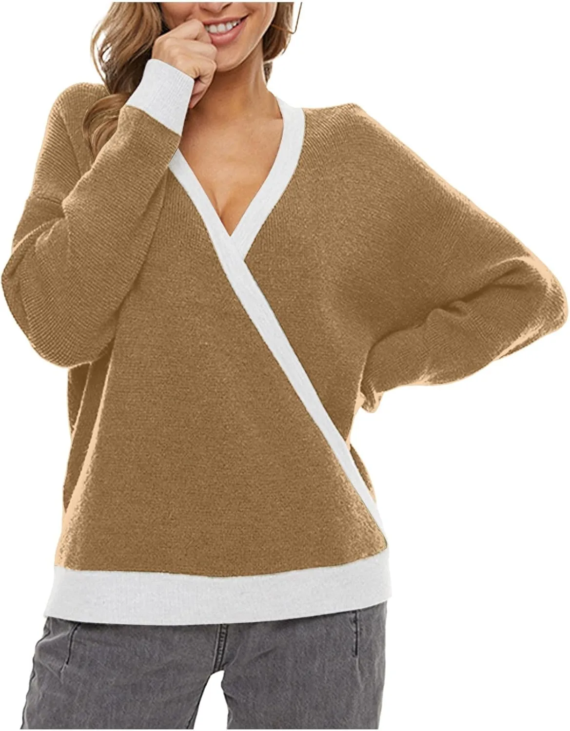 Sexy Cross Wrap v Neck Sweaters for Women Trendy Oversized Long Sleeve Knit Pullover Tops Ladies Casual Sweater