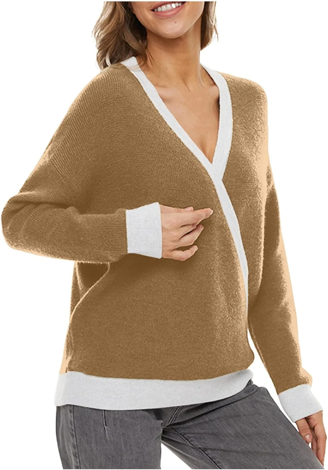 Sexy Cross Wrap v Neck Sweaters for Women Trendy Oversized Long Sleeve Knit Pullover Tops Ladies Casual Sweater