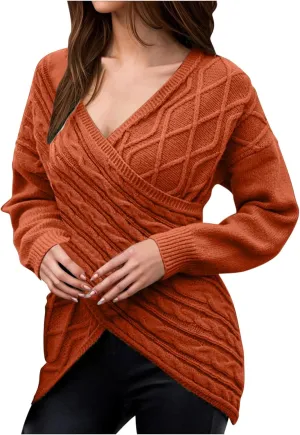 Sexy Sweaters for Women 2024 Drop Shoulder Long Sleeve Wrap Cross V Neck Jumper Tops Cable Knit Pullover Sweater