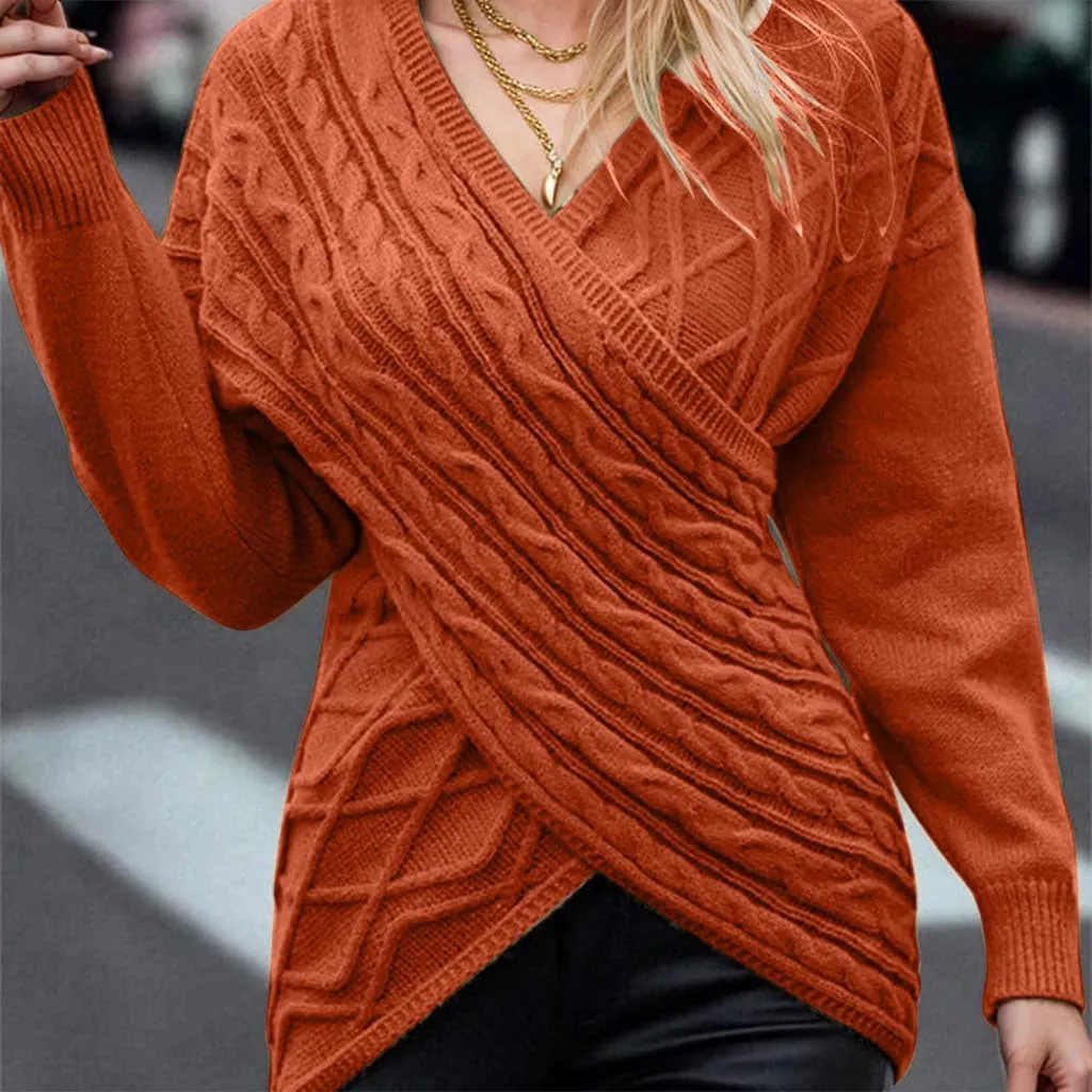 Sexy Sweaters for Women 2024 Drop Shoulder Long Sleeve Wrap Cross V Neck Jumper Tops Cable Knit Pullover Sweater