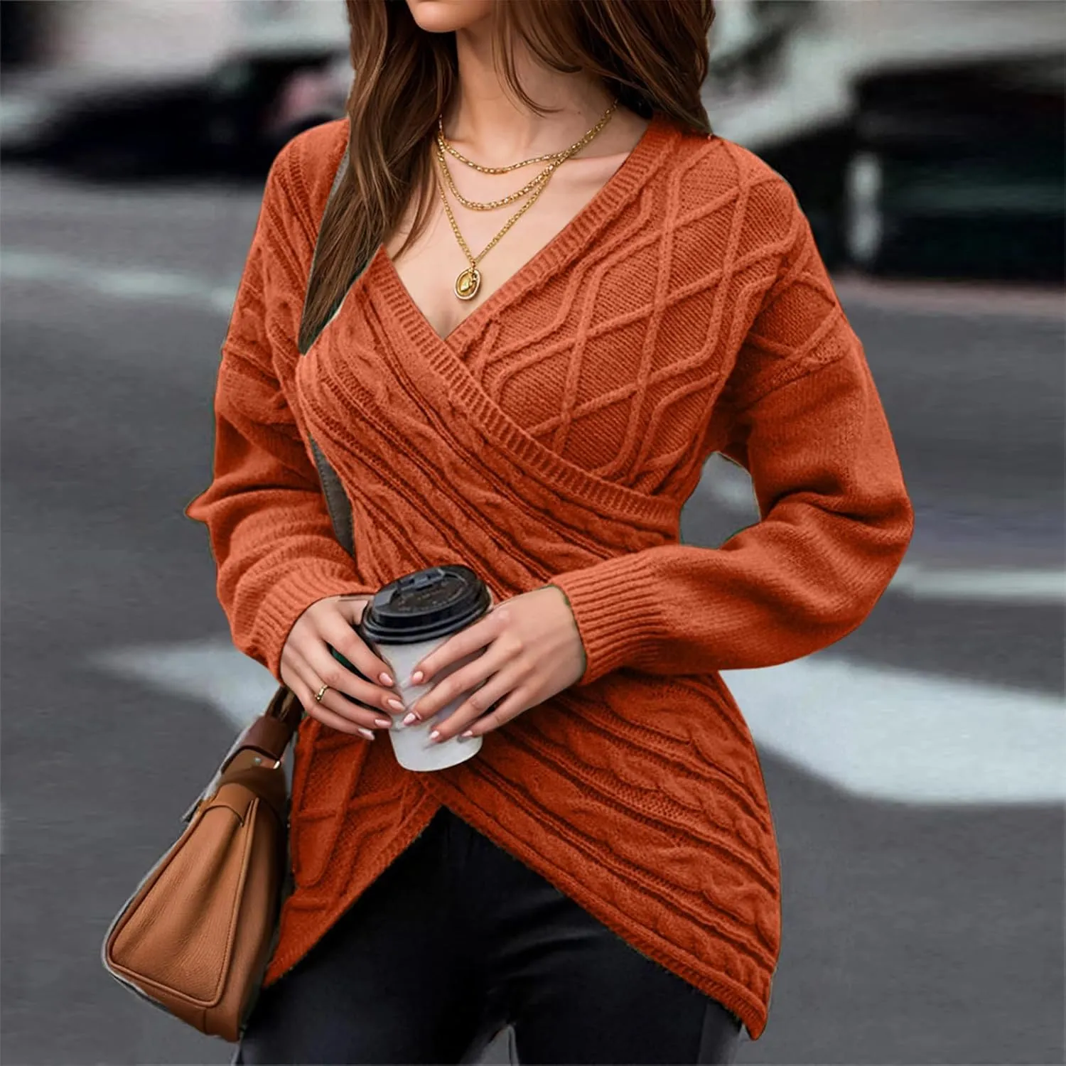 Sexy Sweaters for Women 2024 Drop Shoulder Long Sleeve Wrap Cross V Neck Jumper Tops Cable Knit Pullover Sweater
