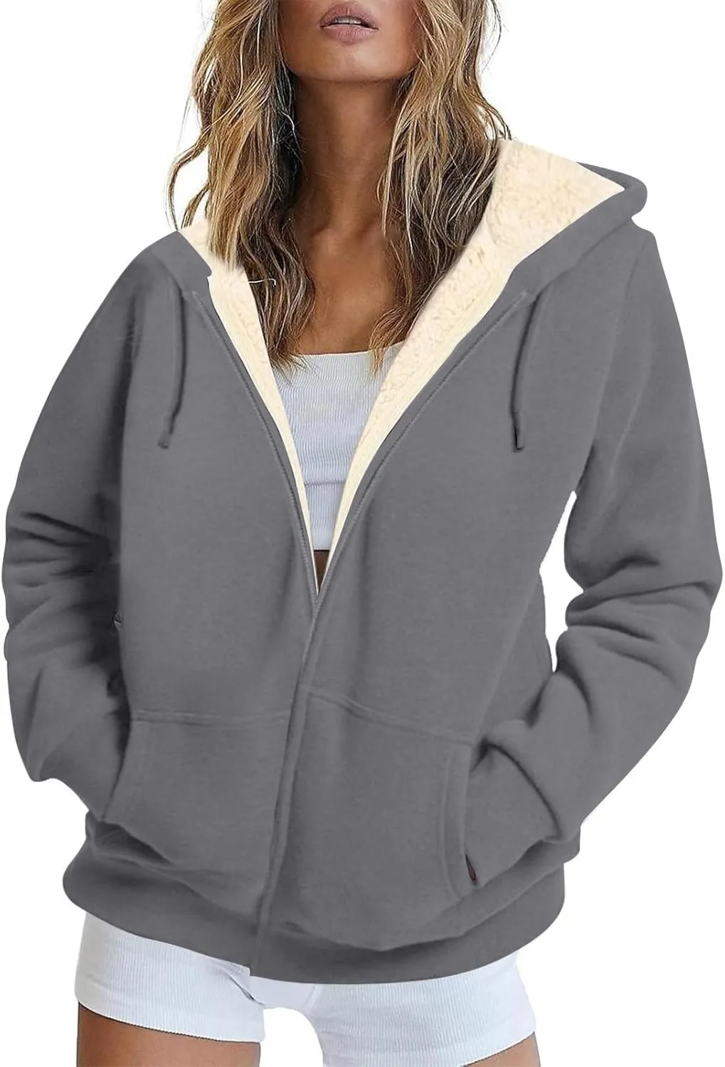 Sherpa Jacket Women Comfort Zip Up Sherpa Lined Hoodies Y2k Trendy Casual Winter Thicken Sweatshirt Jacket Coat