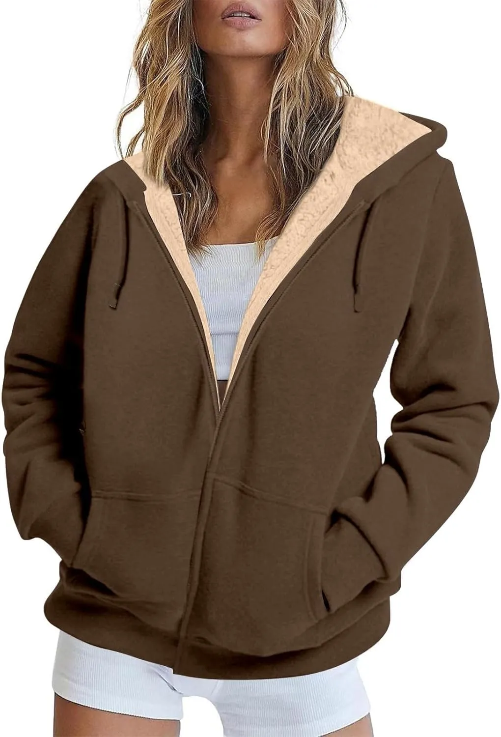 Sherpa Jacket Women Comfort Zip Up Sherpa Lined Hoodies Y2k Trendy Casual Winter Thicken Sweatshirt Jacket Coat