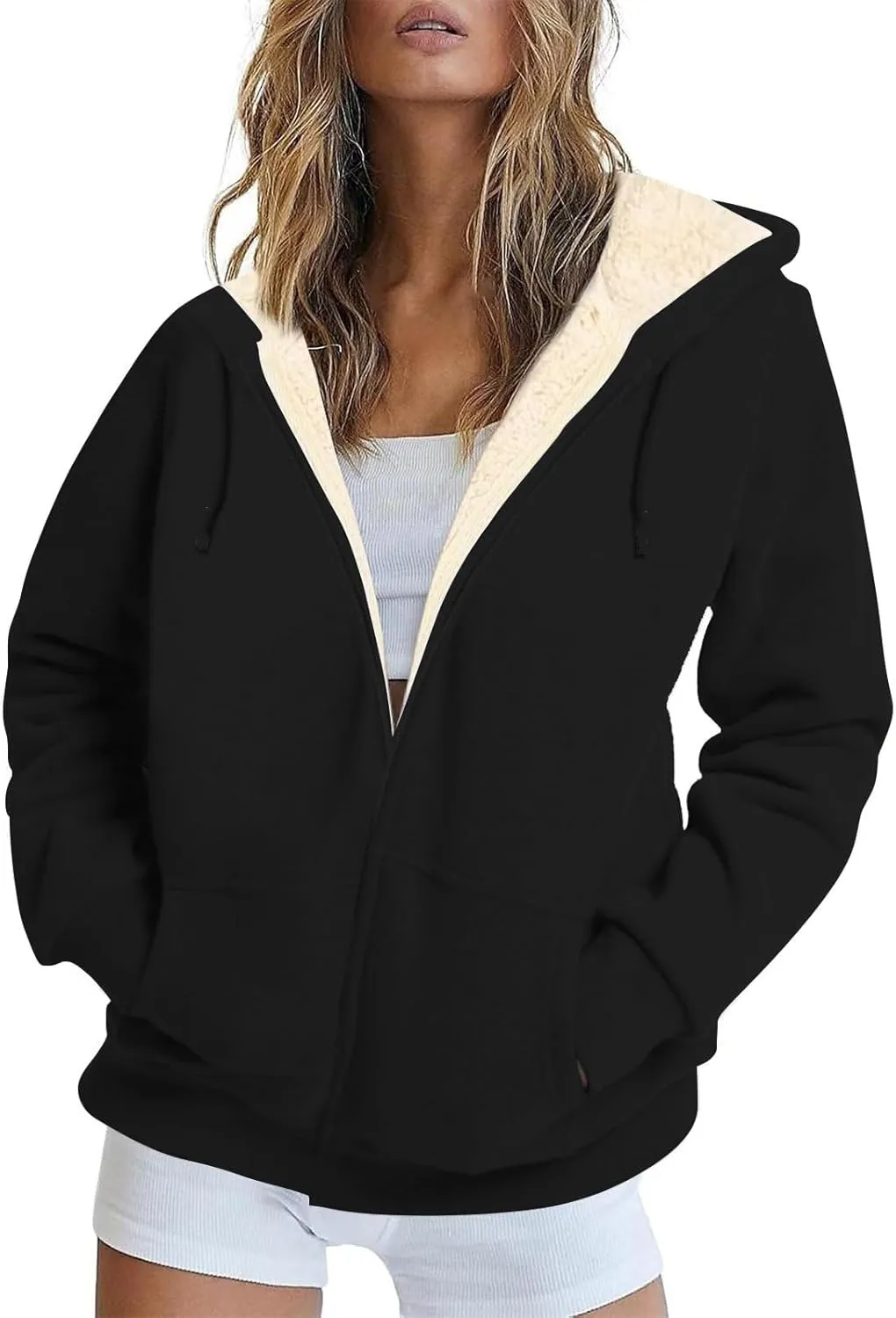 Sherpa Jacket Women Comfort Zip Up Sherpa Lined Hoodies Y2k Trendy Casual Winter Thicken Sweatshirt Jacket Coat