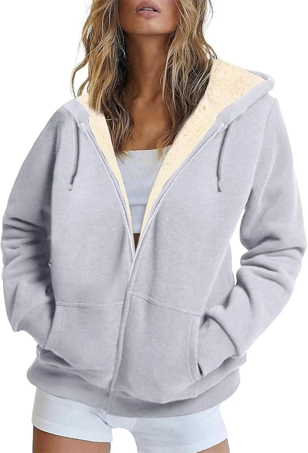 Sherpa Jacket Women Comfort Zip Up Sherpa Lined Hoodies Y2k Trendy Casual Winter Thicken Sweatshirt Jacket Coat