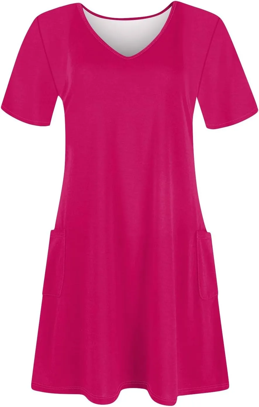Short Sleeve Dress for Women Sexy V Neck T Shirt Dress Summer Casual Loose Short Dress Cute Mini Dress with Pockets