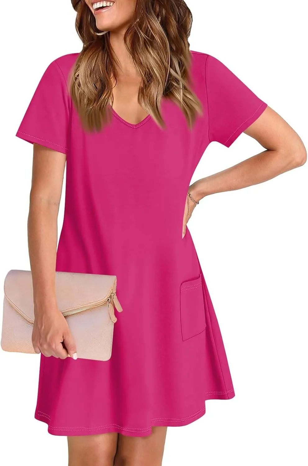 Short Sleeve Dress for Women Sexy V Neck T Shirt Dress Summer Casual Loose Short Dress Cute Mini Dress with Pockets