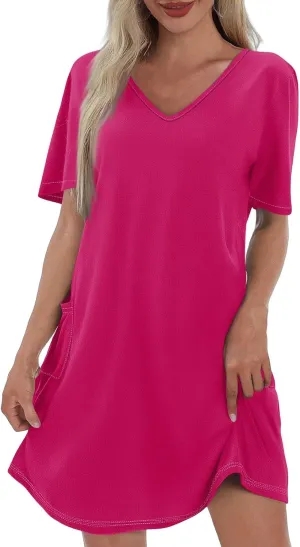 Short Sleeve Dress for Women Sexy V Neck T Shirt Dress Summer Casual Loose Short Dress Cute Mini Dress with Pockets
