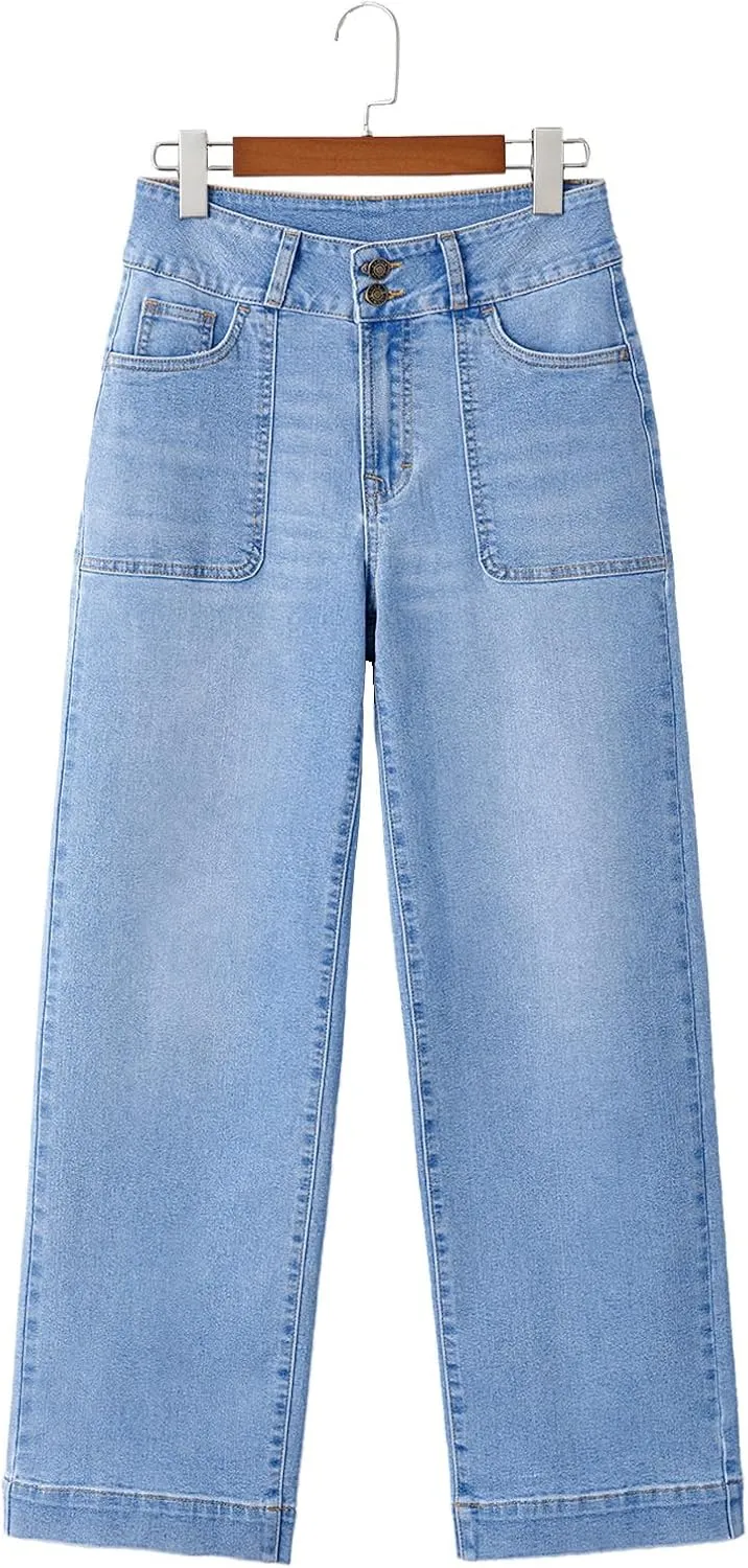 Sidefeel Women's High Waisted Straight Leg Jeans Stretchy Tummy Control Wide Leg Denim Pants with Pockets