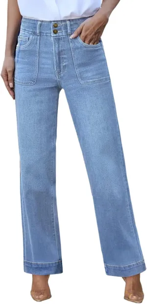 Sidefeel Women's High Waisted Straight Leg Jeans Stretchy Tummy Control Wide Leg Denim Pants with Pockets