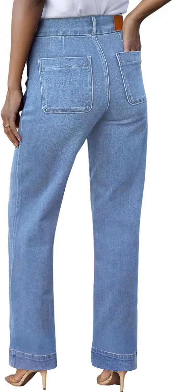 Sidefeel Women's High Waisted Straight Leg Jeans Stretchy Tummy Control Wide Leg Denim Pants with Pockets