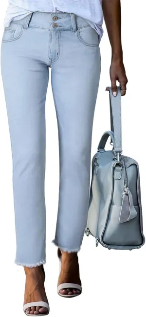 Sidefeel Women's Jeans High Waisted Strechy Straight Legs Boyfriend Denim Pants with Pockets L Light Blue Size 12 Long