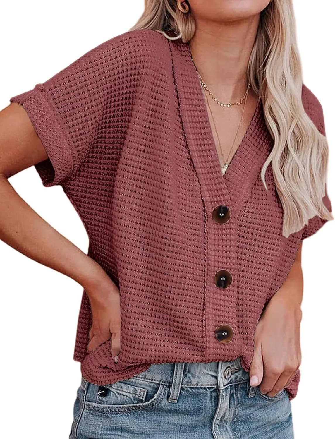 SimpleFun Womens Summer Tops Short Sleeve V Neck Waffle Knit Button Down Shirts Dressy Casual Blouses