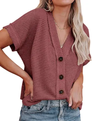 SimpleFun Womens Summer Tops Short Sleeve V Neck Waffle Knit Button Down Shirts Dressy Casual Blouses