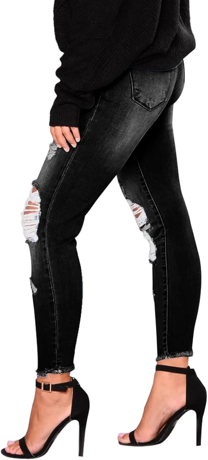 Skinny Jeans for Women Mid Rise Ripped Stretchy Jeans Pull On Dress Work Pants Tummy Control Jeggings with Pockets