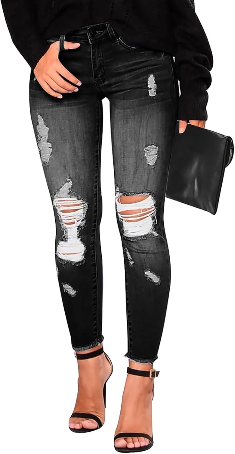 Skinny Jeans for Women Mid Rise Ripped Stretchy Jeans Pull On Dress Work Pants Tummy Control Jeggings with Pockets