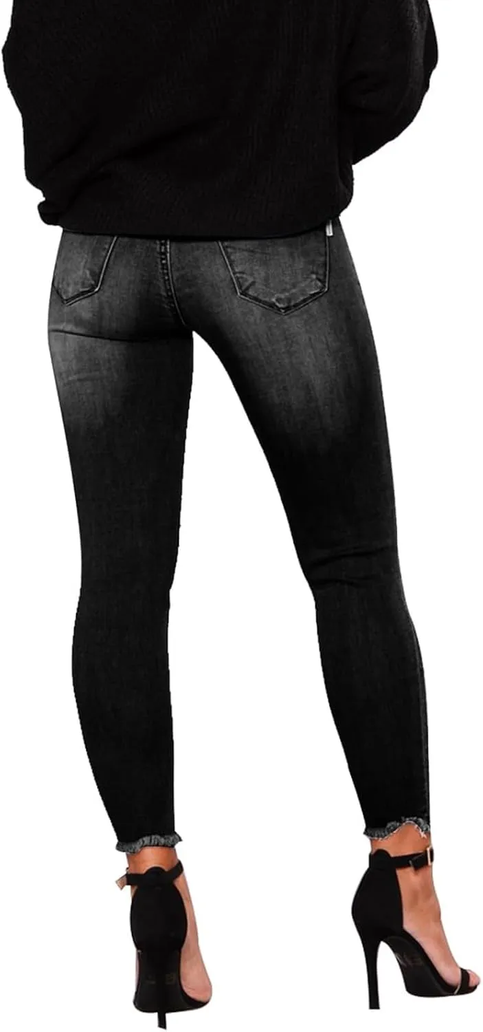 Skinny Jeans for Women Mid Rise Ripped Stretchy Jeans Pull On Dress Work Pants Tummy Control Jeggings with Pockets