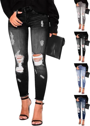 Skinny Jeans for Women Mid Rise Ripped Stretchy Jeans Pull On Dress Work Pants Tummy Control Jeggings with Pockets